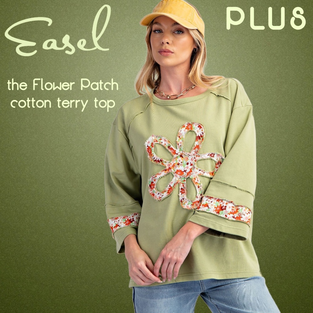 EASEL “Flower Patch” Terry Knit Tunic Multi-Color Details Side Slits Relaxed Fit
